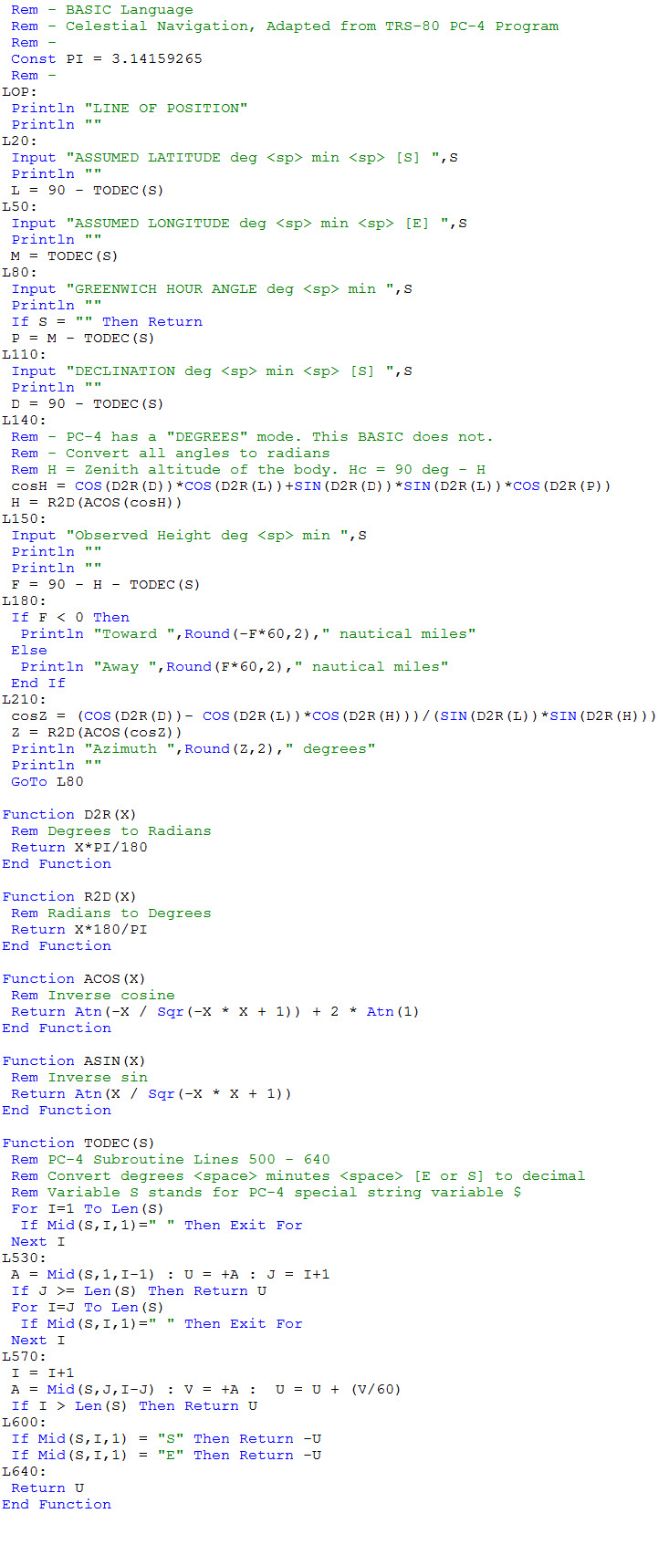 Line of Position Program (BASIC)