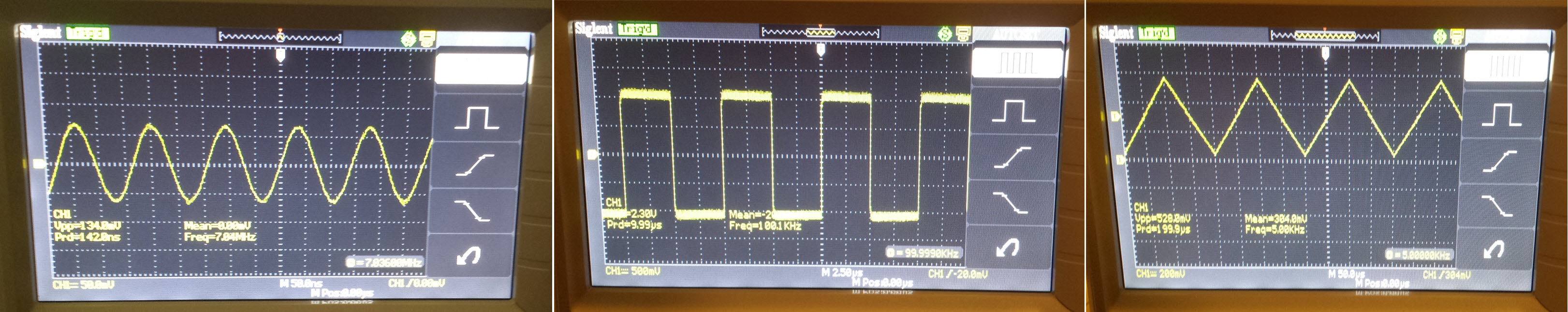 Sine, square, and triangular waves