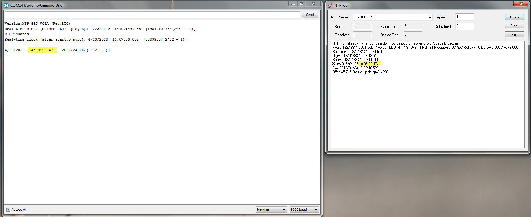 NTP server (left) and test client (right)